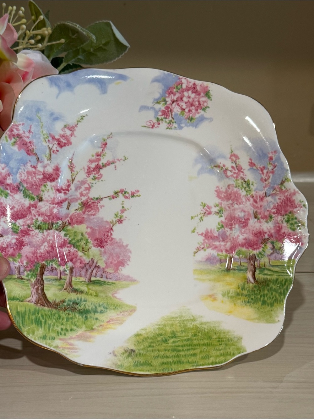 Royal Albert Blossom Time Backstamp Sandwich Plate Marking in Pink and Green